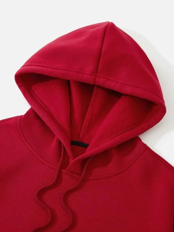 Custom Fashion 100% Polyester Street Wear Blend Red Pure Color Plain Pocket Pullover Hoodies with String