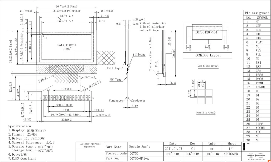 0.96 Inch 128X64 Blue White Color I2c Spi OLED Display with SSD13603 Driver